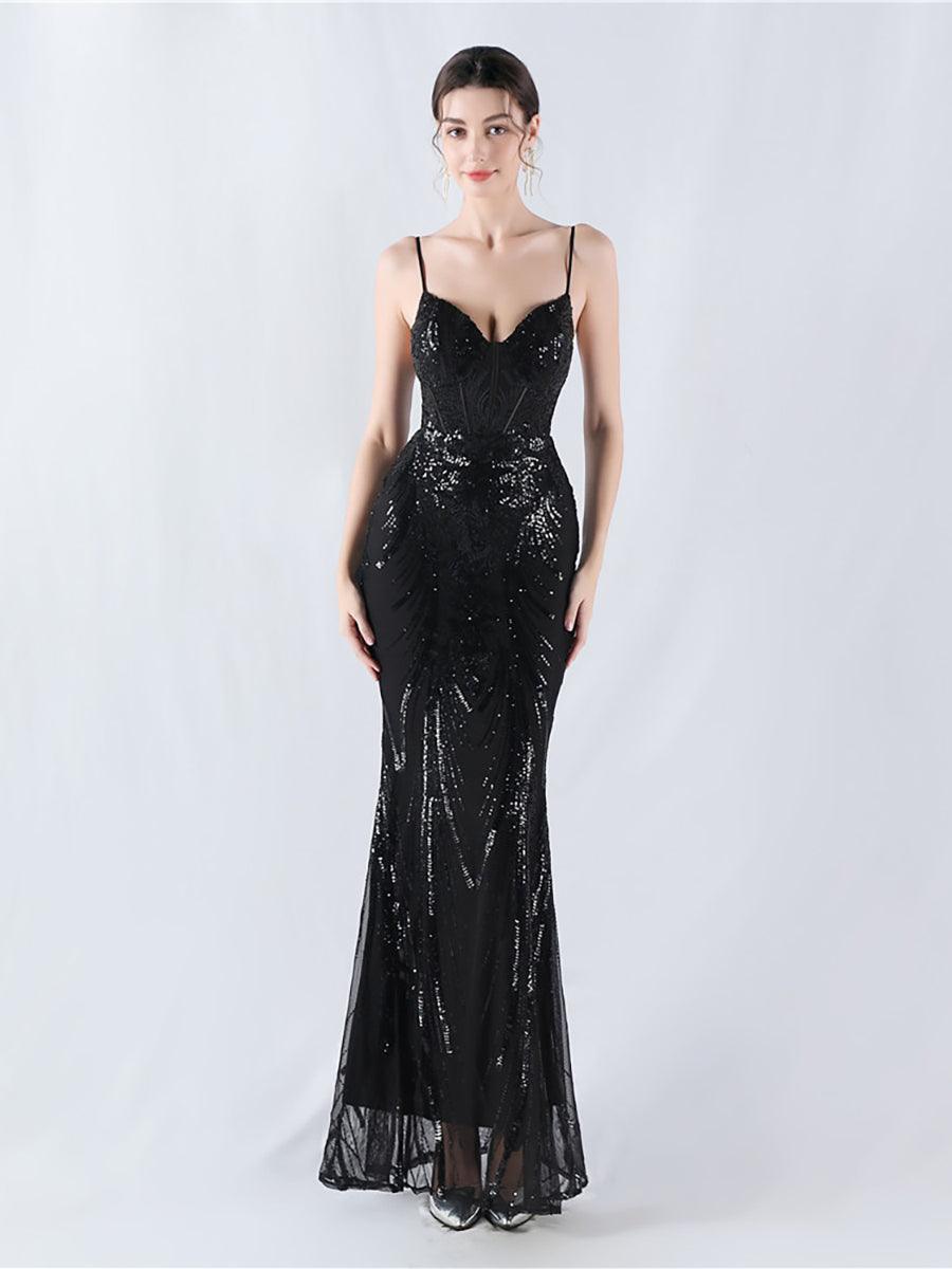 Spaghetti Blue Sequin Coset Prom Dress