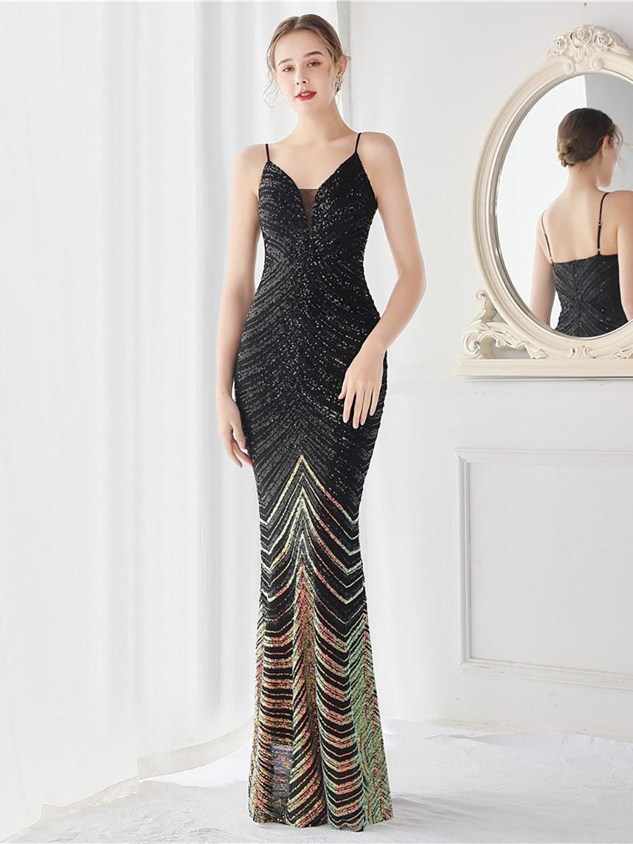 Sexy V-Neck Stripe Mermaid Prom Gown