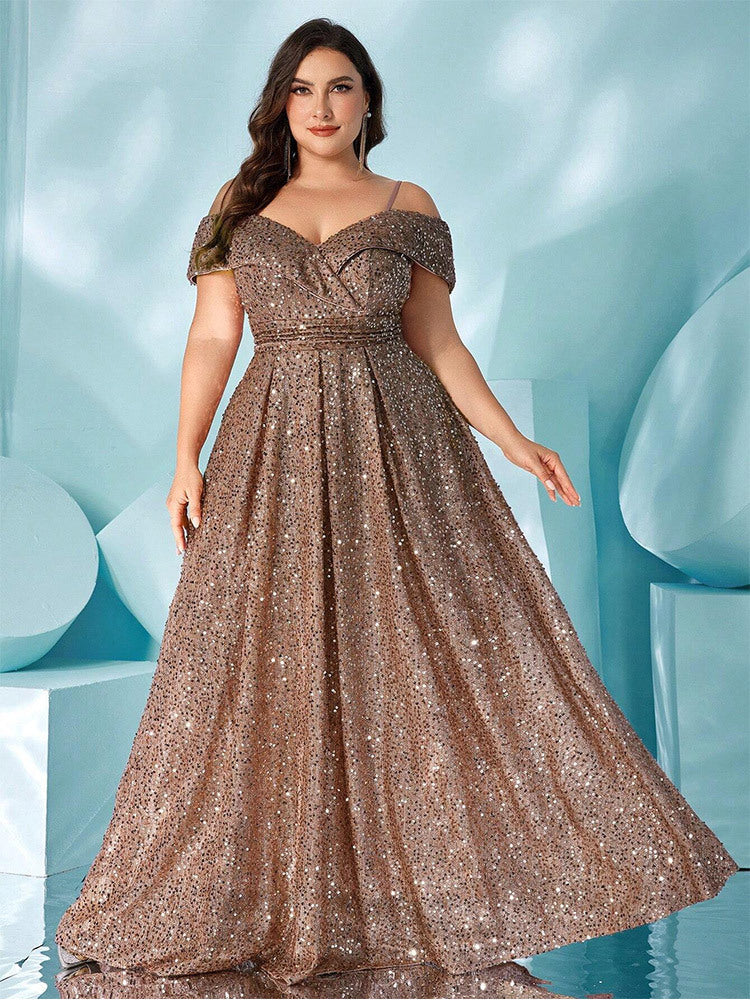Plus Cold Shoulder Shimmer A-line Prom Dress