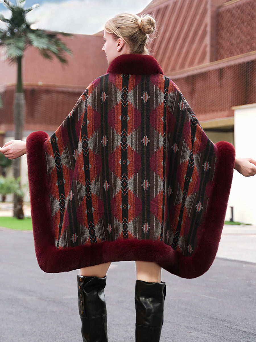 Geometric Faux Fur Trim Cape Shawl