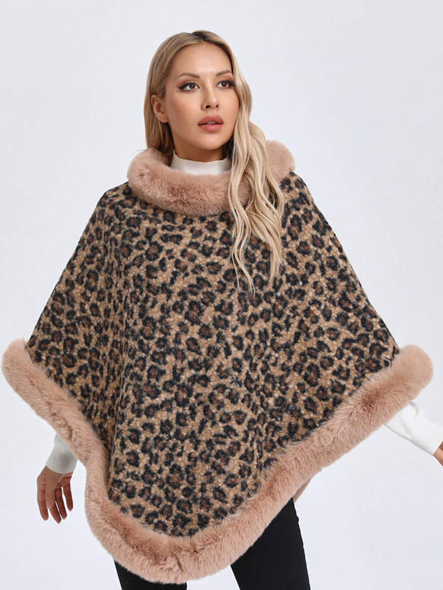 Leopard Print Faux Fur Trim Knitted Poncho Shawl