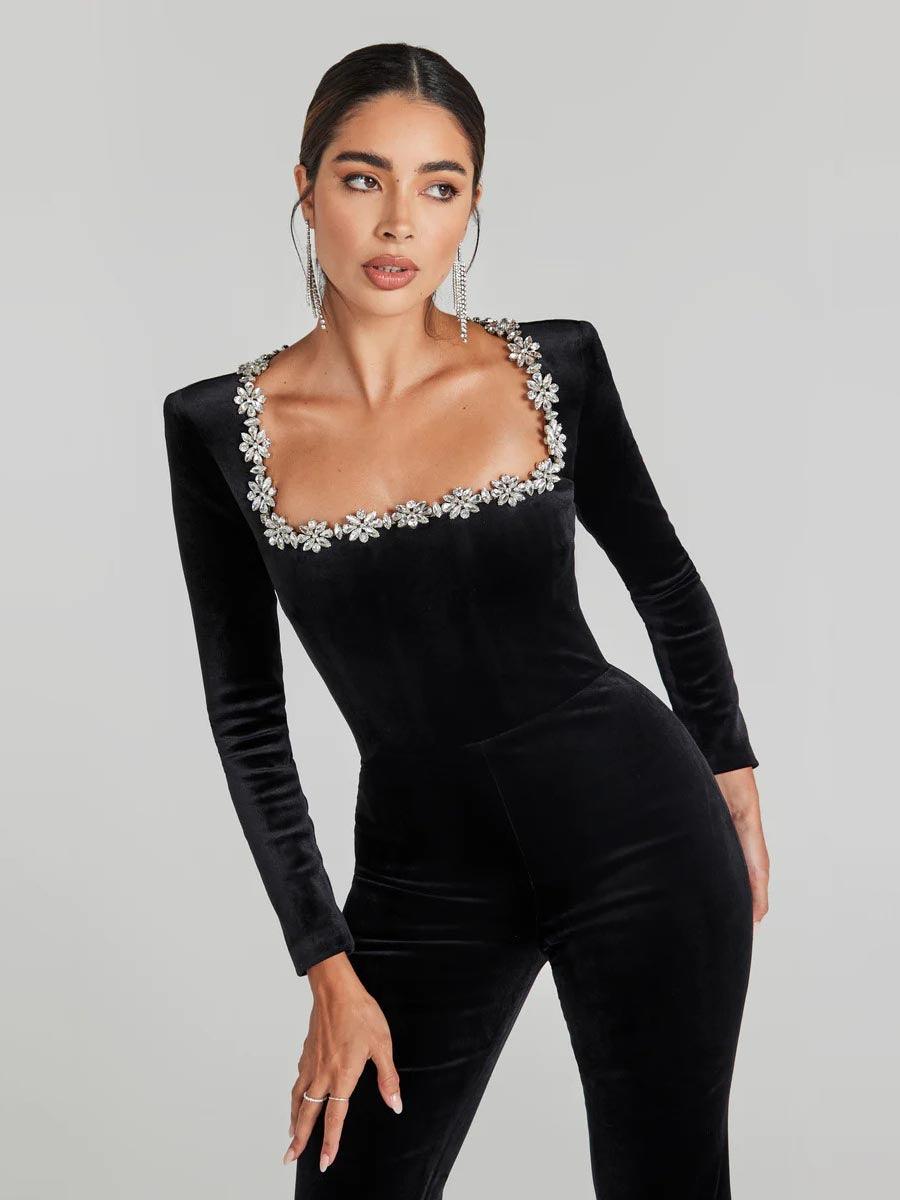 Rhinestone Square Neck Velvet Jumpsuits