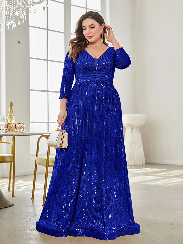 Long Sleeve V-neck Sequin Wedding Guest Dress