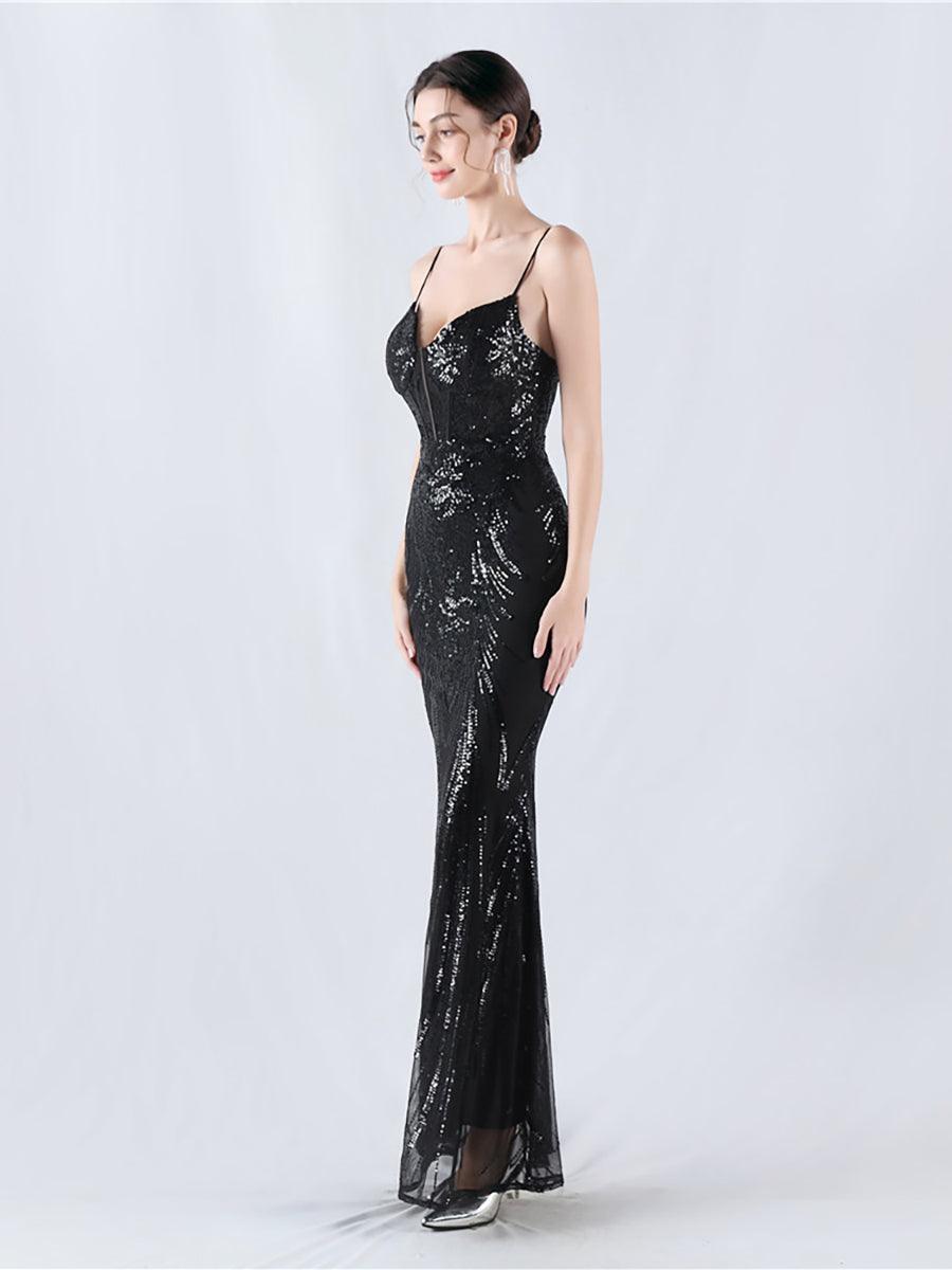 Spaghetti Blue Sequin Coset Prom Dress