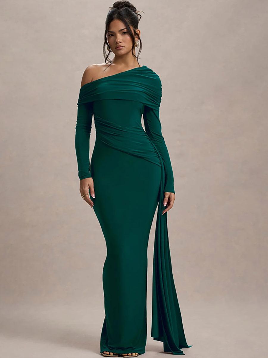 Slash Neck Ribbon Ruched Solid Prom Dress