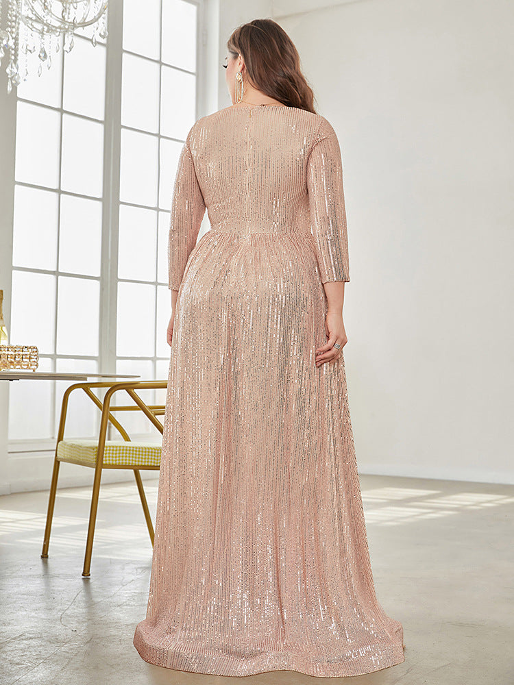Long Sleeve V-neck Sequin Wedding Guest Dress
