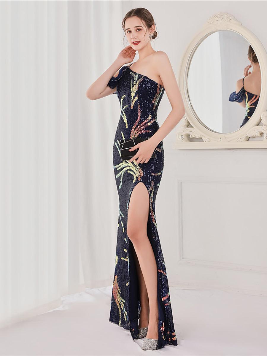 Slit Open Back Sequin Long White Prom Dress