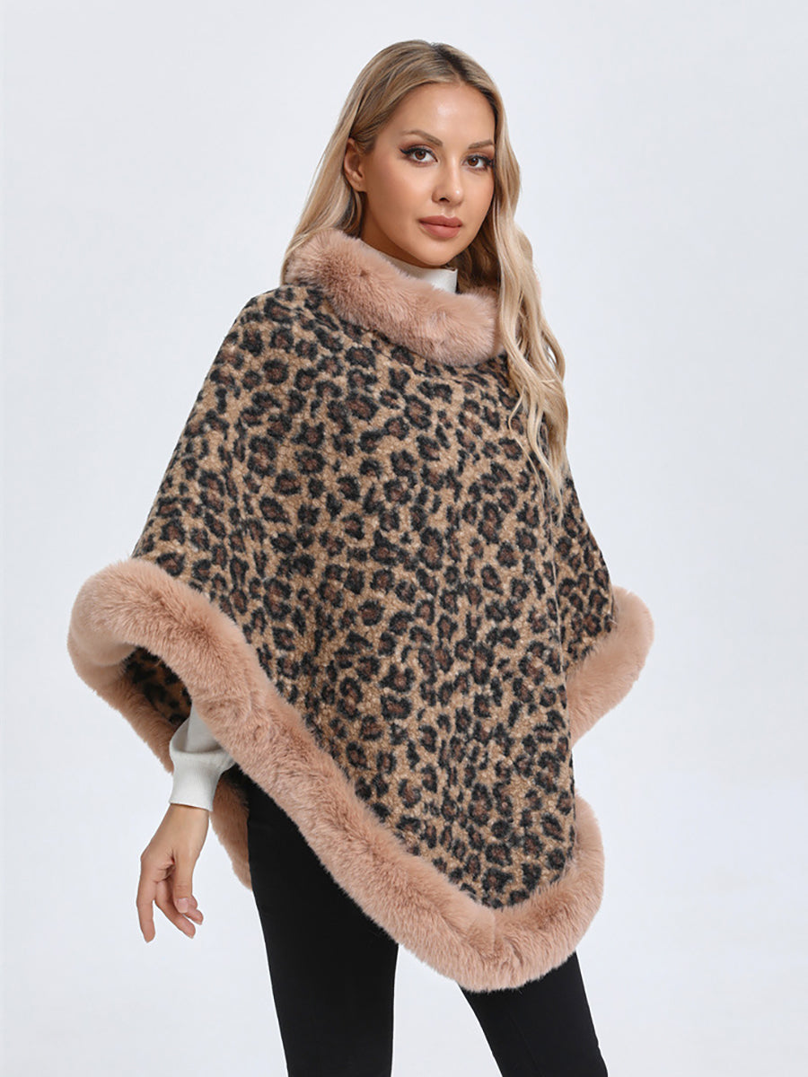 Leopard Print Faux Fur Trim Knitted Poncho Shawl