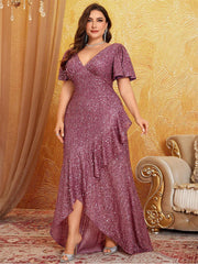 Burgundy Asymmetrical Sequin Prom Dress