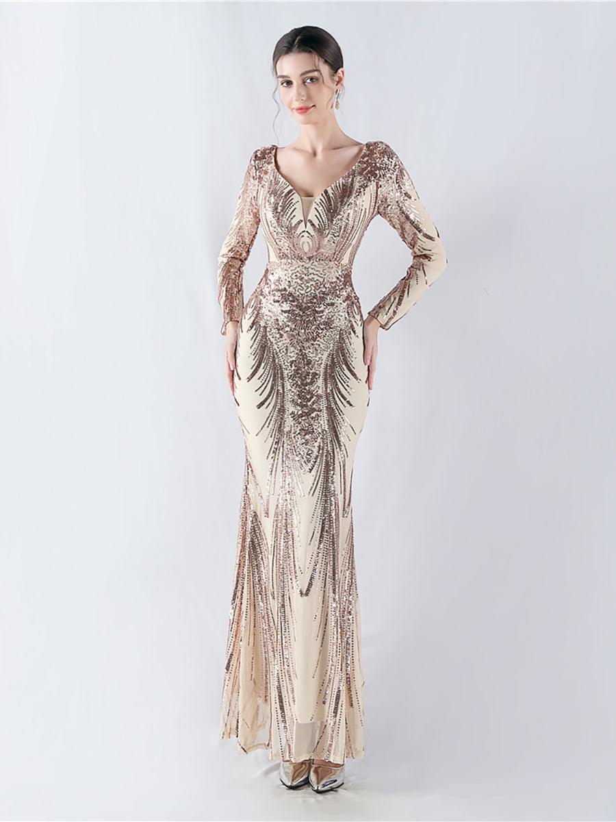 Long Sleeve Sequin V-neck Backless Prom Dress