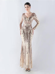 Long Sleeve Sequin V-neck Backless Prom Dress