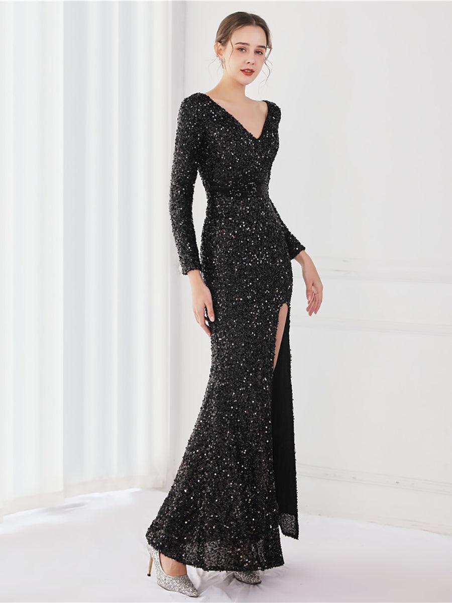 Long Sleeve Solid V-neck Sequin Prom Dress