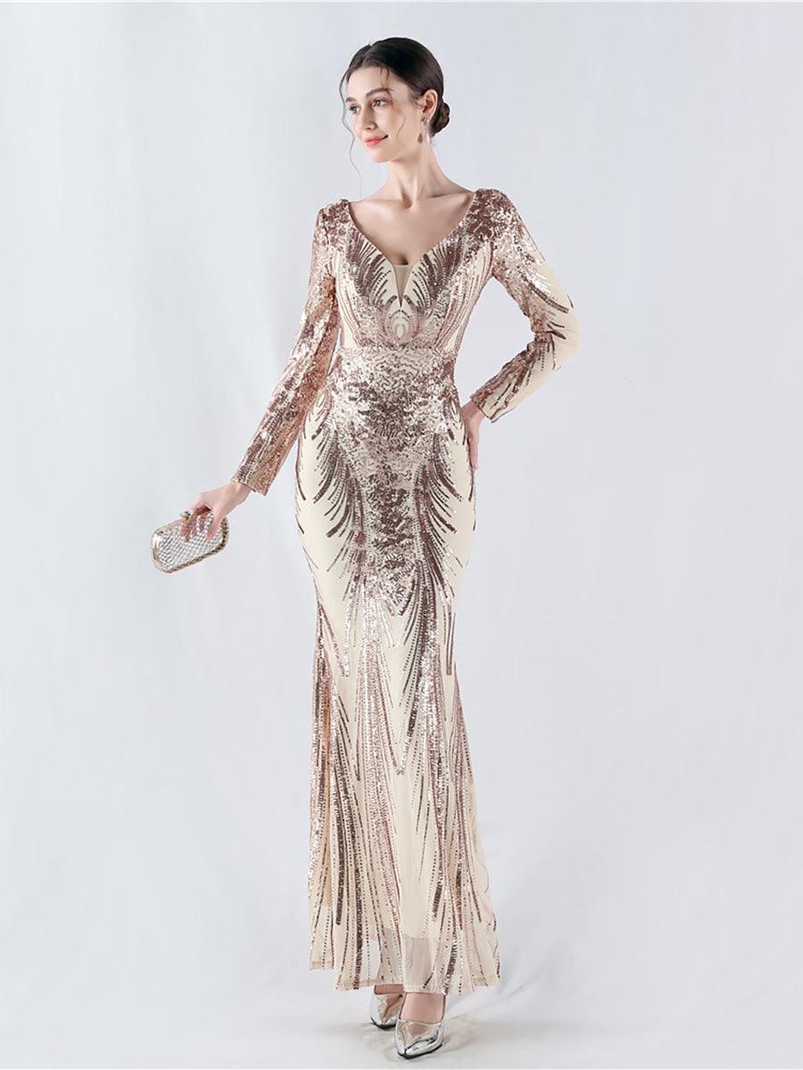 Long Sleeve Sequin V-neck Backless Prom Dress