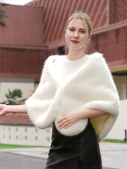 White Short Faux Fur Knitted Poncho Shawl