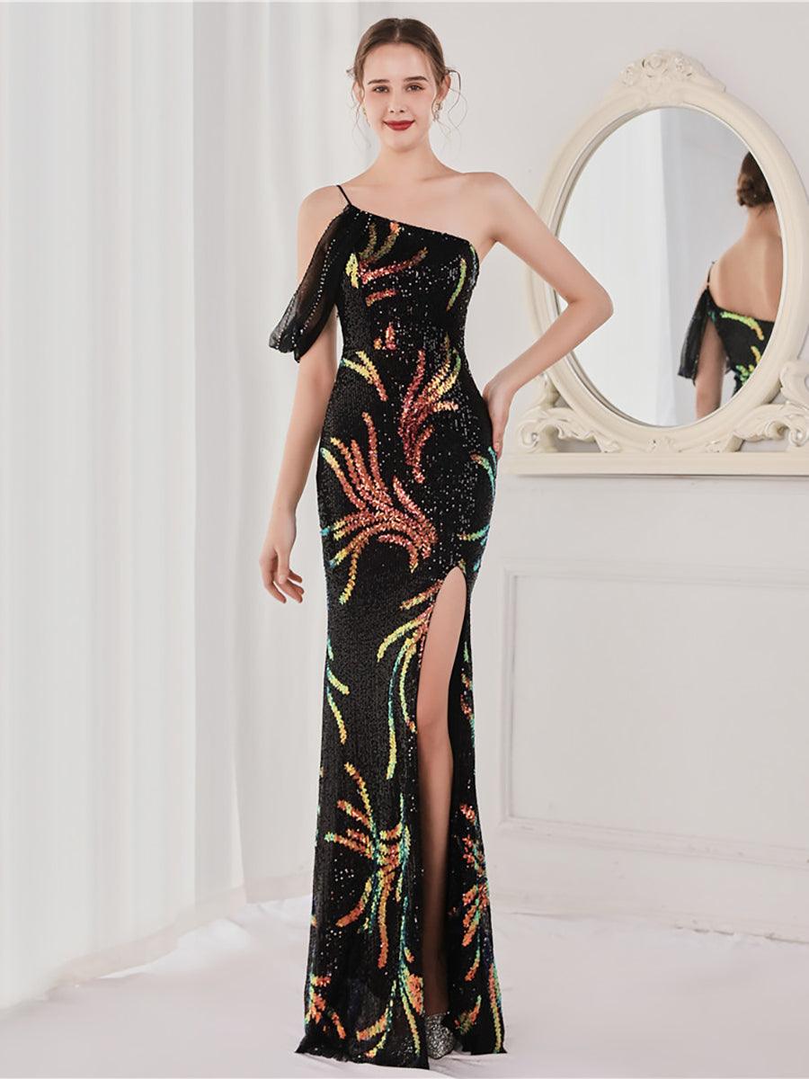 Slit Open Back Sequin Long White Prom Dress