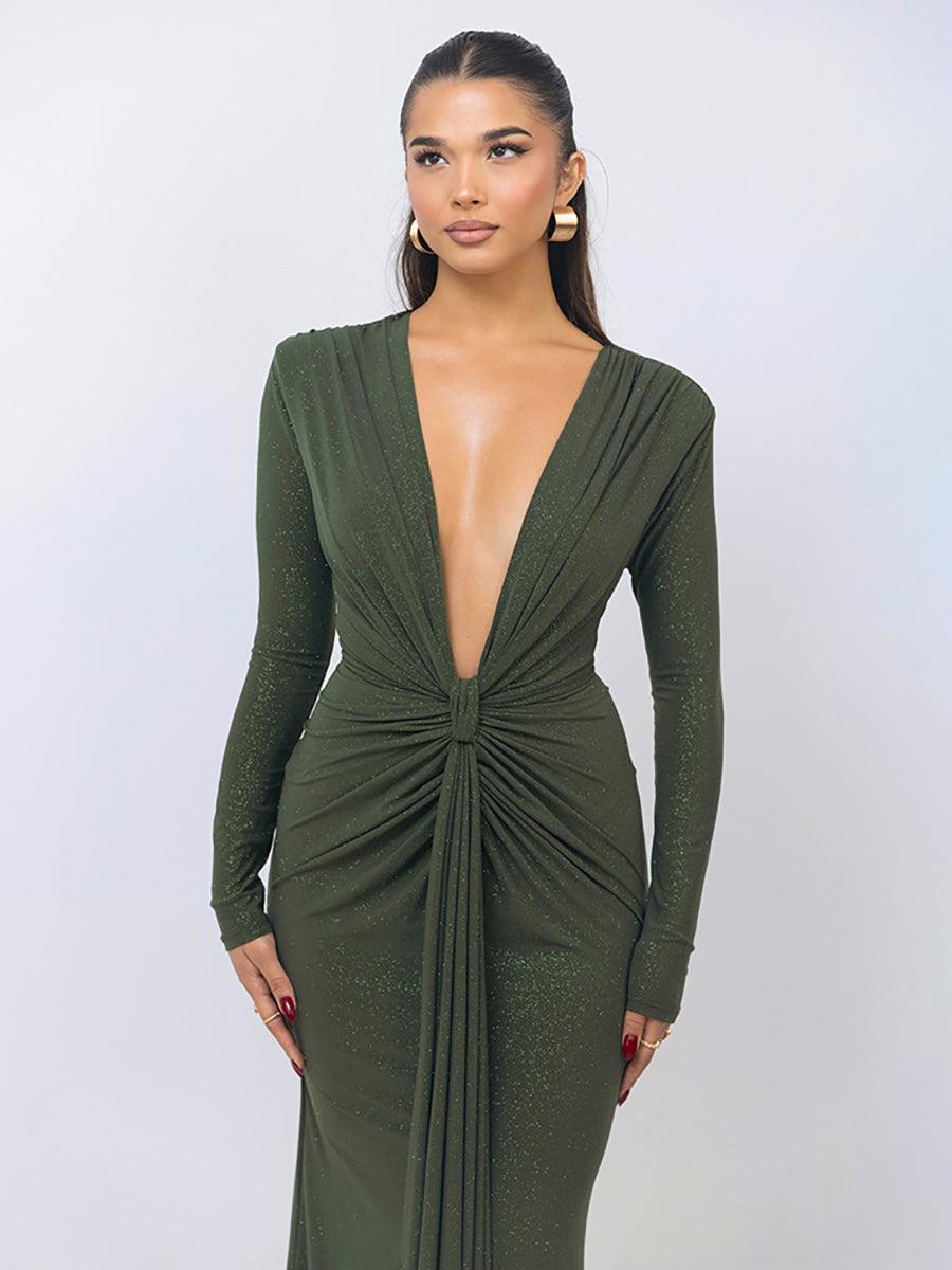 Plung Long Sleeve Ruched Solid Prom Dress