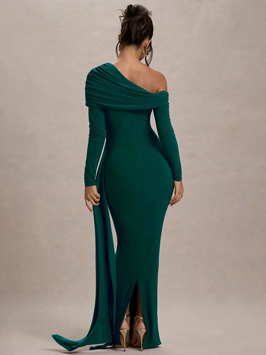 Slash Neck Ribbon Ruched Solid Prom Dress
