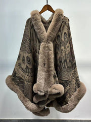 Graphic Elegant Faux Fur Trim Cape Shawl