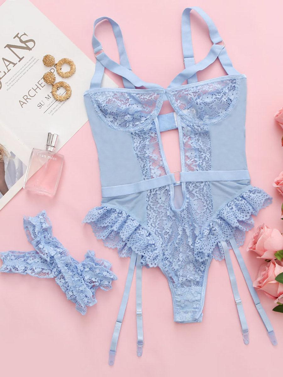 Sexy Lace Cutout Ruffled Teddy