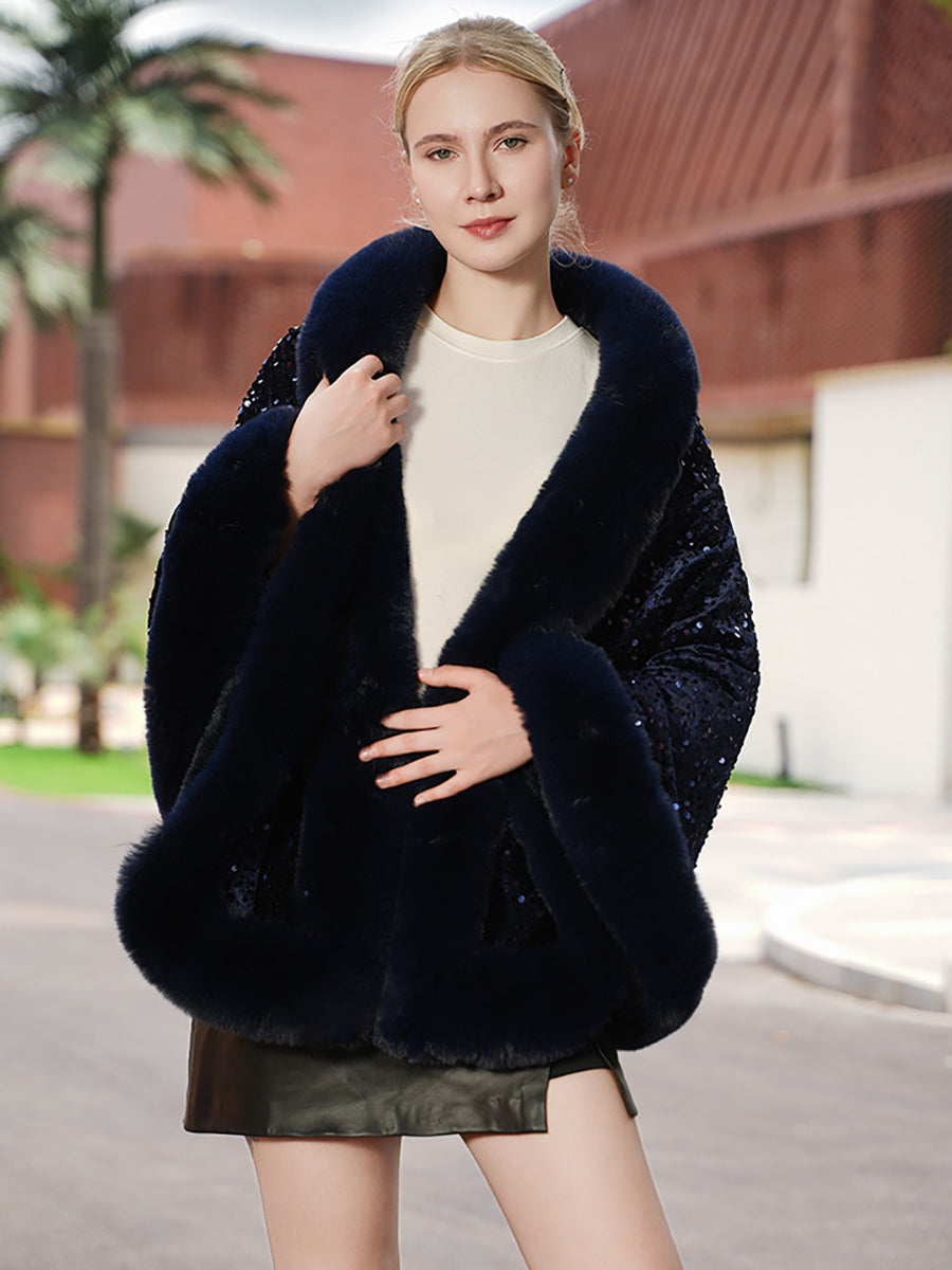 Sequin Solid Elegant Faux Fur Trim Cape Shawl