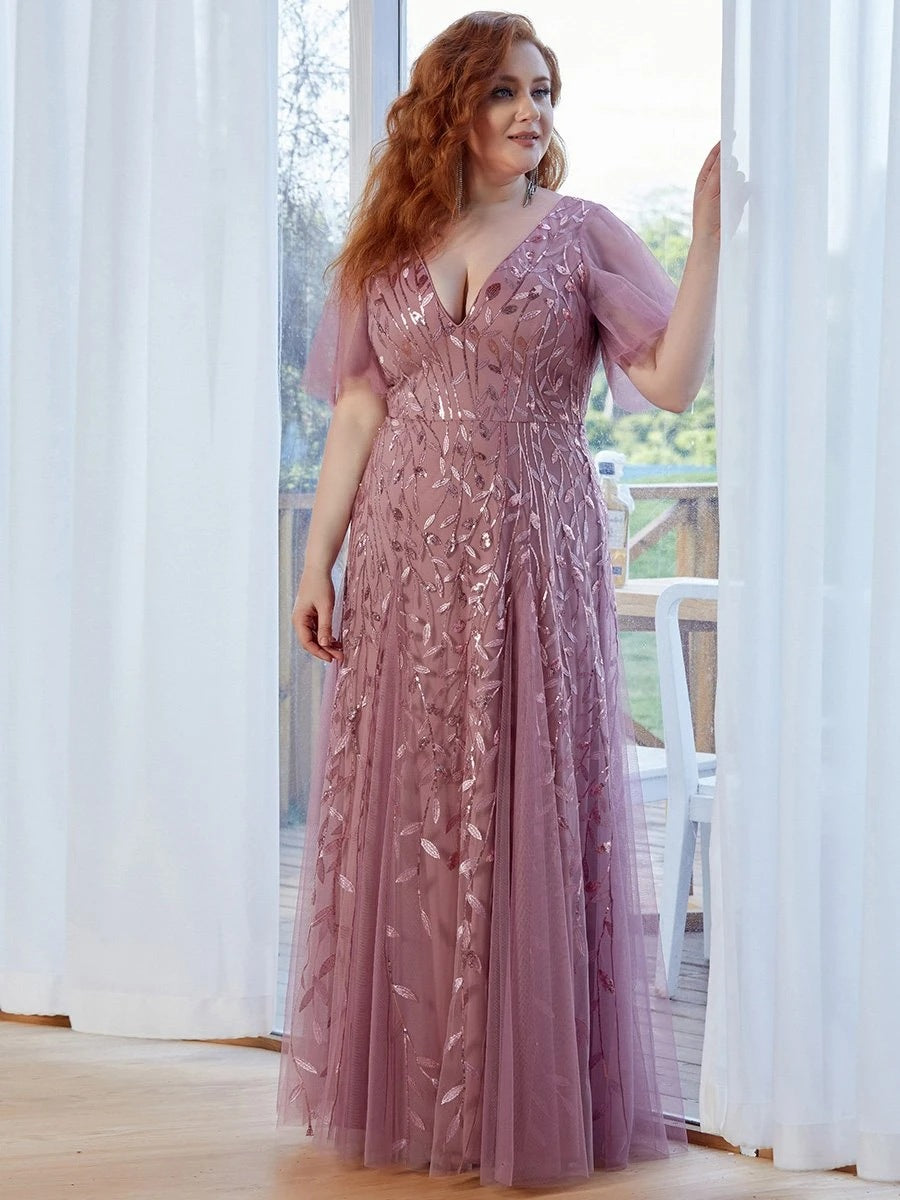 Leaf Sequin Ruffled Bridesmaid Dress