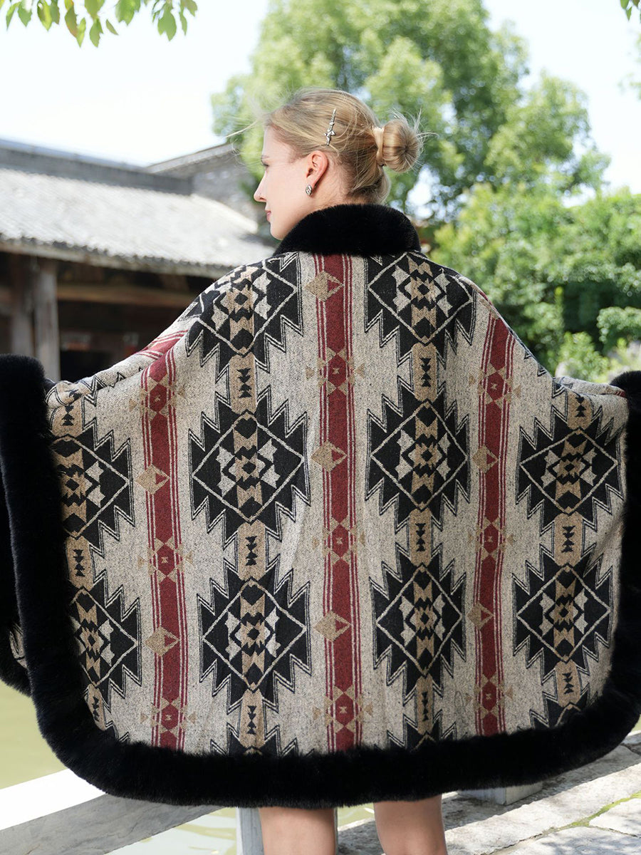 Geometric Faux Fur Trim Cape Shawl