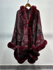 Graphic Elegant Faux Fur Trim Cape Shawl