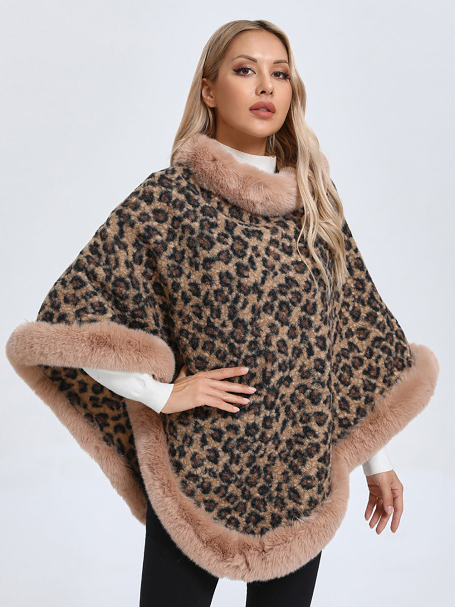 Leopard Print Faux Fur Trim Knitted Poncho Shawl