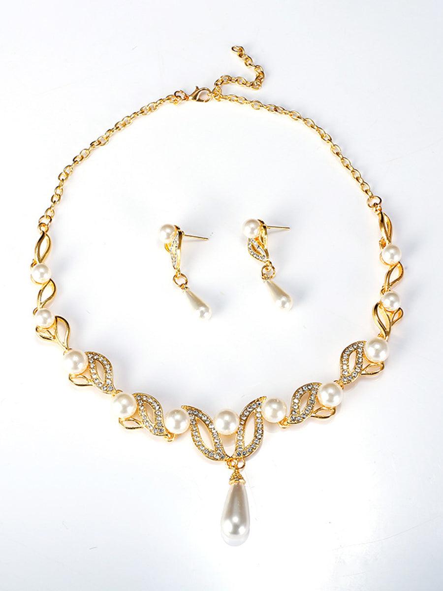 Teardrop Pearl Necklace Earrings Gold Set MRL20001
