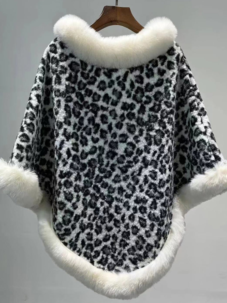 Leopard Print Faux Fur Trim Knitted Poncho Shawl