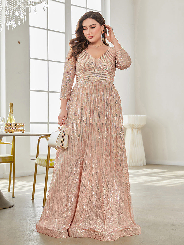 Long Sleeve V-neck Sequin Wedding Guest Dress