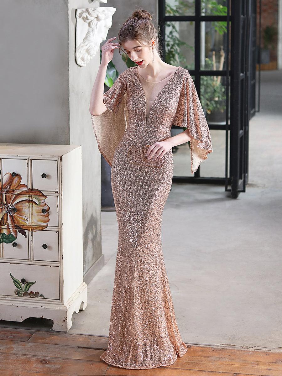V-Neck Ruffled Sequin Mermaid Wedding Dress
