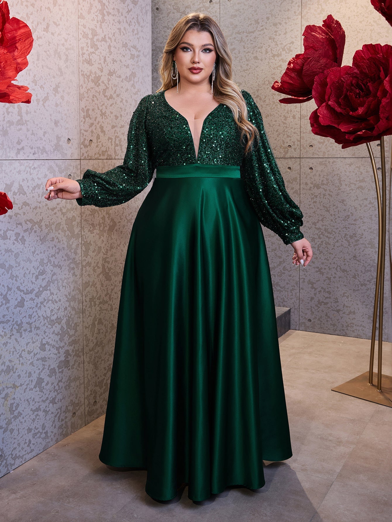 Plus A-line Cutout Sequin Prom Dress