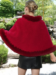 Short Elegant Faux Fur Trim Knitted Poncho Shawl
