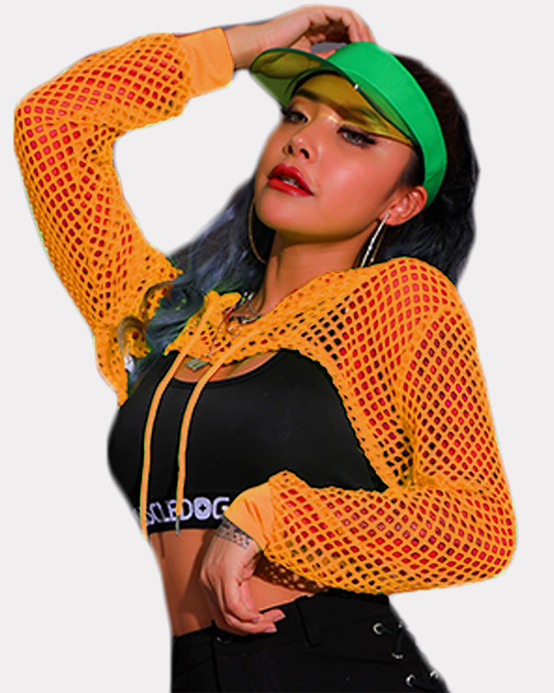 Mesh Hoodie Crop Top Fishnet Shirt