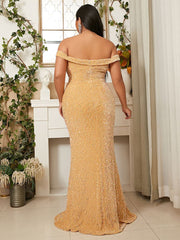 Plus Size Off Shoulder Slit Sequin Yellow Maxi Prom Dress