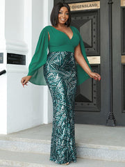 Plus V Neck Sequin Panel Mesh Gown Dress