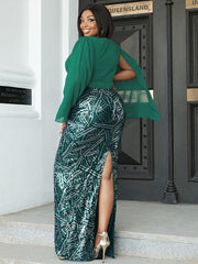 Plus V Neck Sequin Panel Mesh Gown Dress
