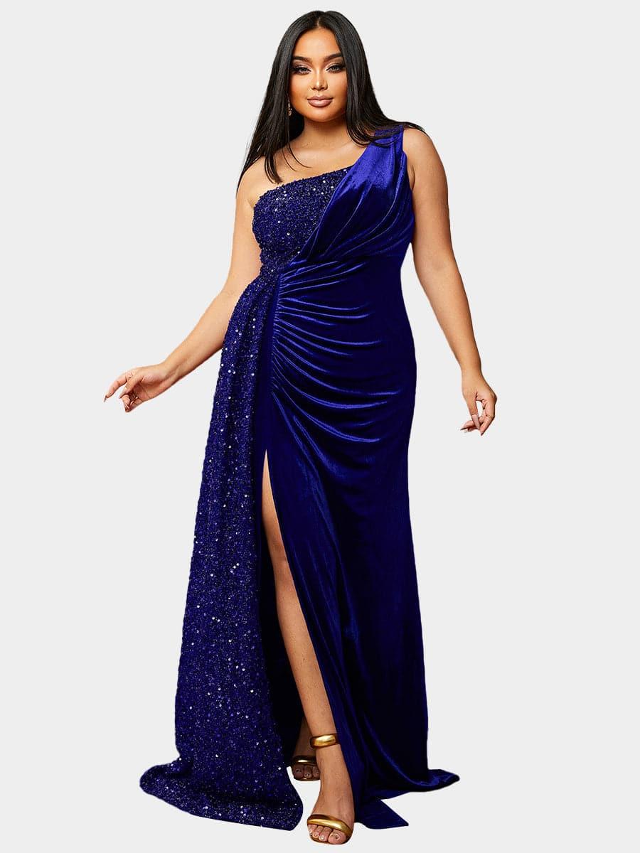 Plus Size One Shoulder Draped Sequin Burgundy Prom Dress