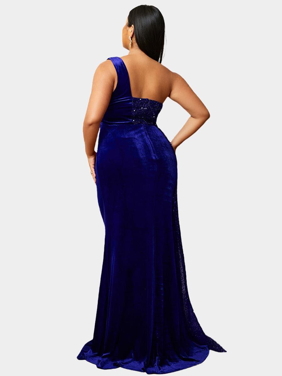 Plus Size One Shoulder Draped Sequin Burgundy Prom Dress