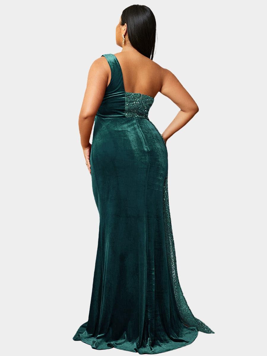 Plus Size One Shoulder Draped Sequin Burgundy Prom Dress