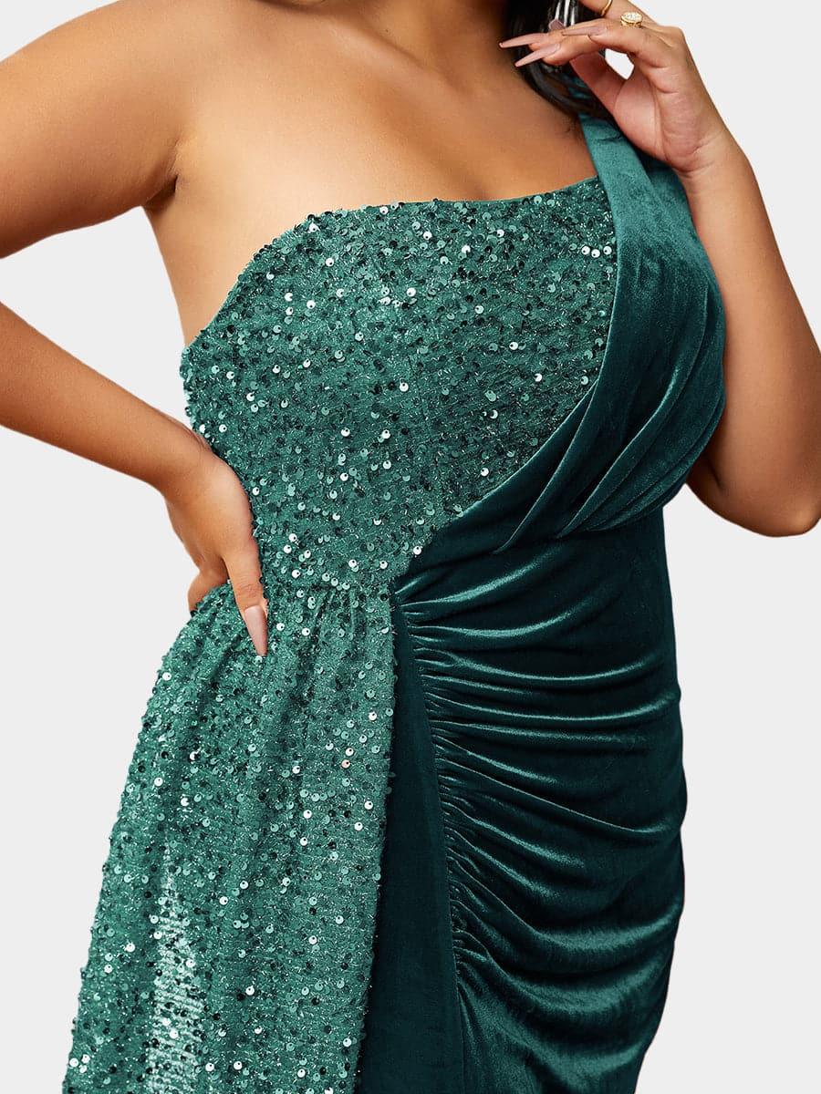 Plus Size One Shoulder Draped Sequin Burgundy Prom Dress