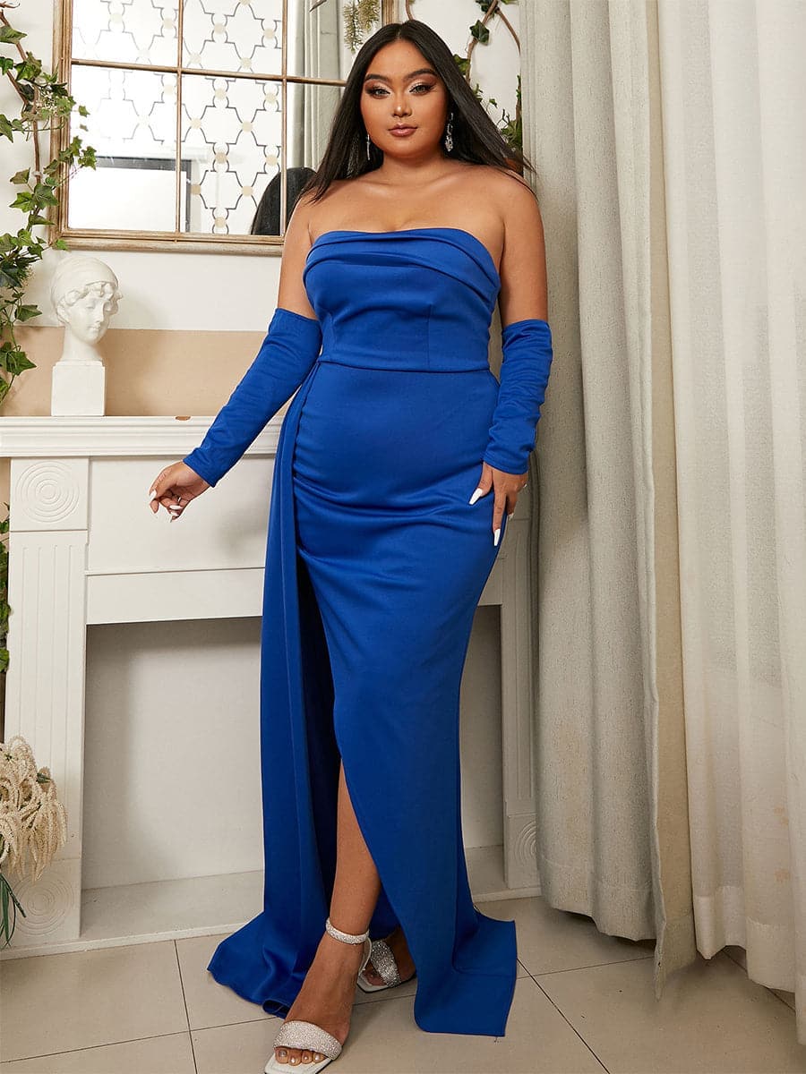 Plus Size Ribbon Strapless Backless Blue Evening Dress