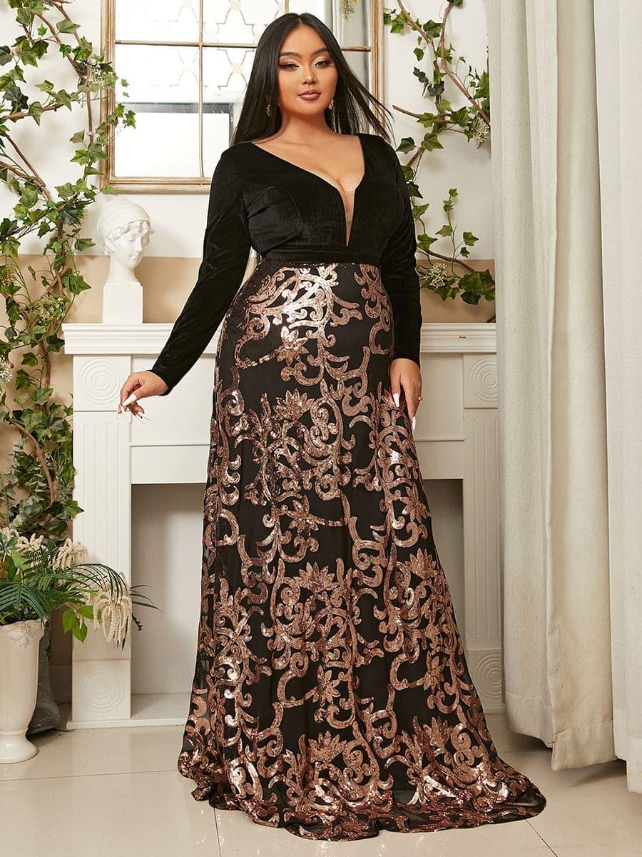Plus Deep V Neck Backless Black Prom Dress