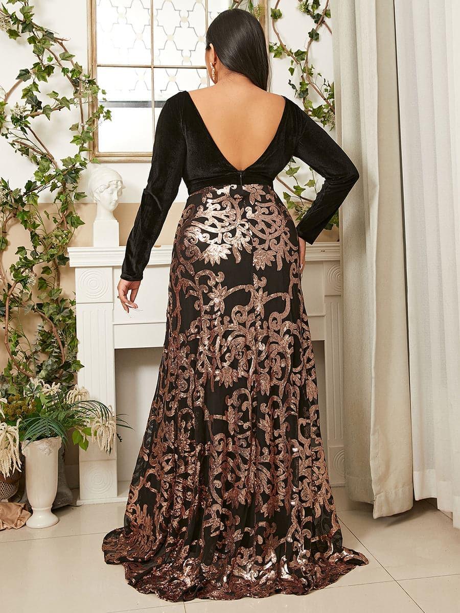 Plus Deep V Neck Backless Black Prom Dress