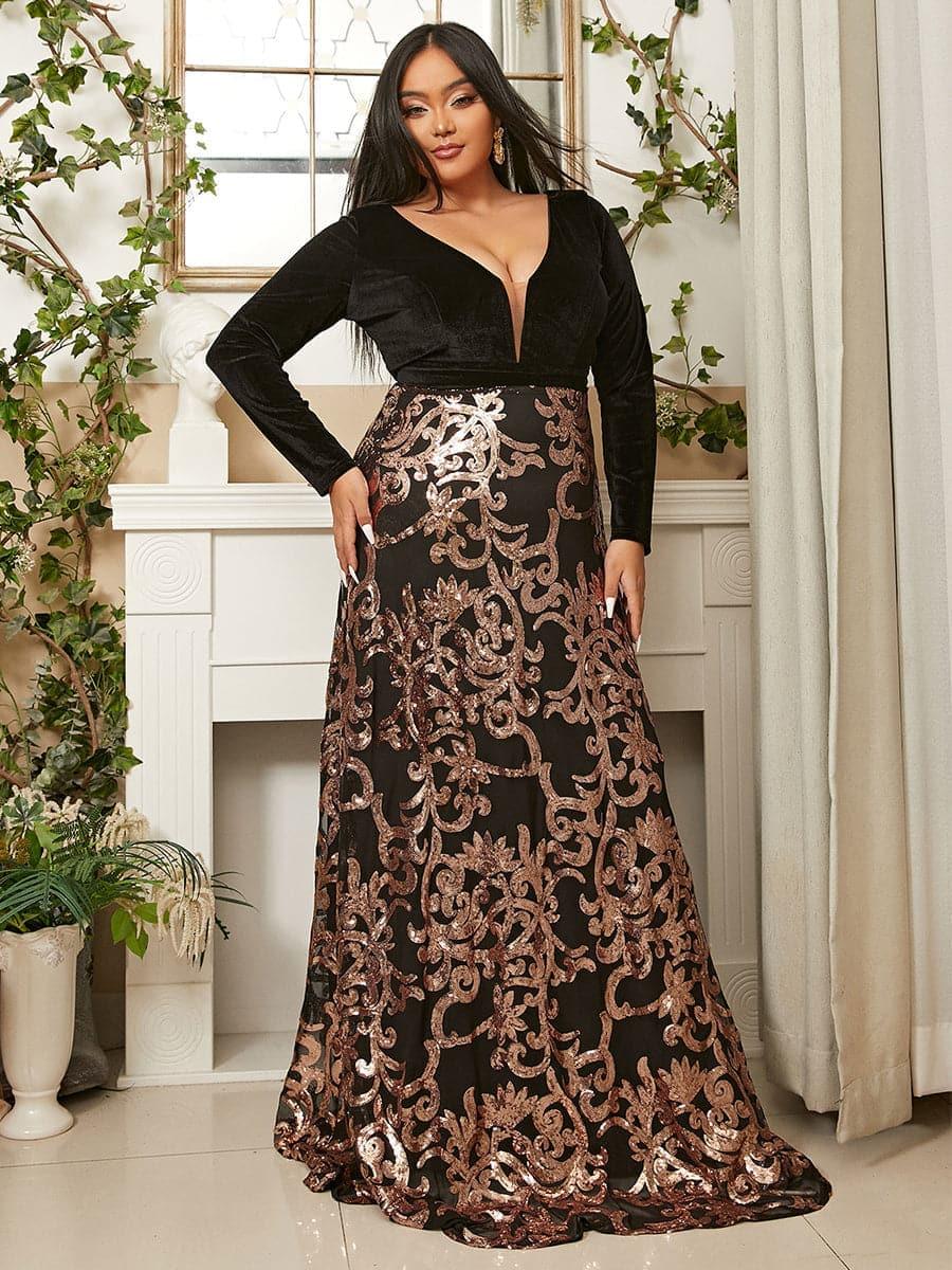 Plus Deep V Neck Backless Black Prom Dress