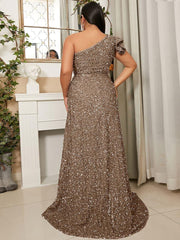 Plus One Shoulder A-Line Sequin Evening Dress