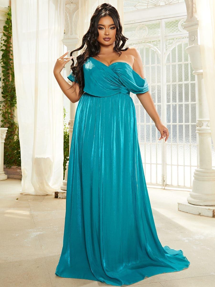 Plus Size One Shoulder A-Line Emerald Blue Bridesmaid Dress