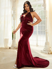 Plus Size Open Back Halter  Burgundy Velvet Maxi Prom Dress