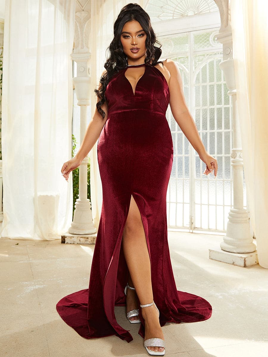 Plus Size Open Back Halter  Burgundy Velvet Maxi Prom Dress